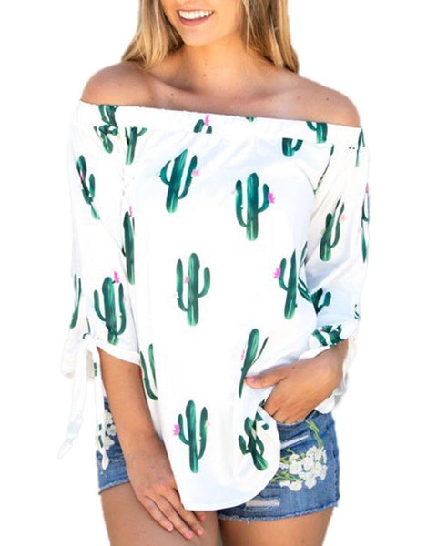 Hitmebox Cactus Foral Printed Off the Shoulder 3/4 Long Sleeve Tie up Cuff Casual Boho Shirts Tops