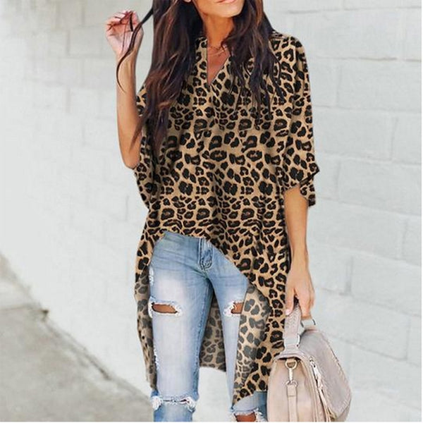 Flare Sleeve Irregular Leopard Print Shirt Tops boho true to Size