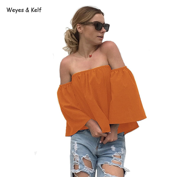 Weyes & Kelf Off Shoulder Chiffon Blouse Shirt Sexy Summer Solid Casual Flare Sleeve Cool Bohemian