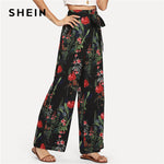 SHEIN Black Vacation Boho Bohemian Beach Floral Tropical Mixed Print Wide Leg Belted Pants Summer  Holiday Casual Trousers