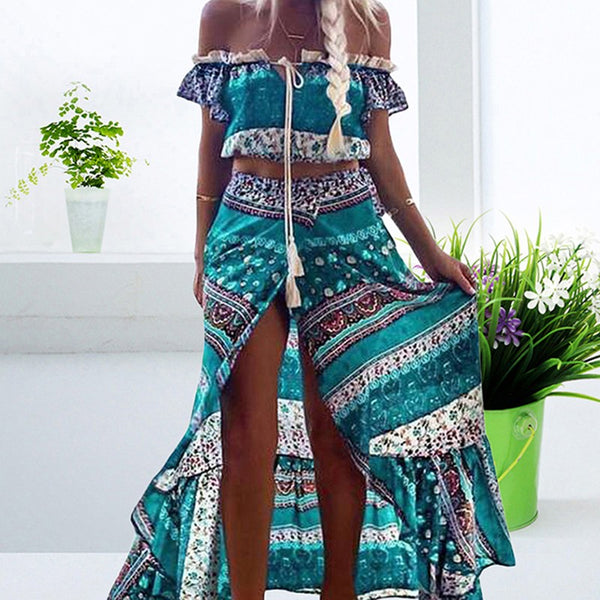 Summer Bohemian Long Maxi Dress Short Top Set Beach Split Dress