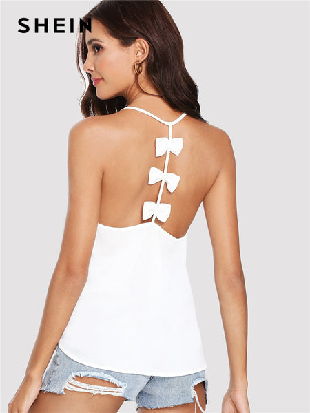 White Sexy Boho Bohemian Bow Embellished Open Back Solid Plain Cami Camisole Streetwear Summer