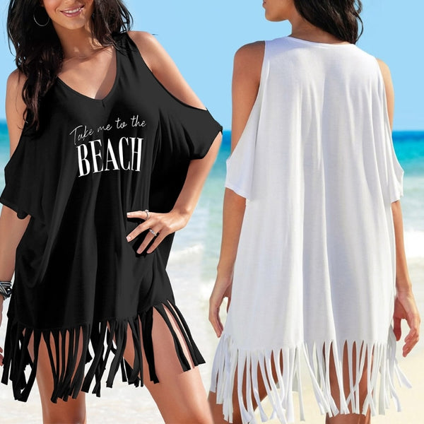 Tassel Letters Print boho Baggy Swimwear Bikini Cover-Ups Beach Summer