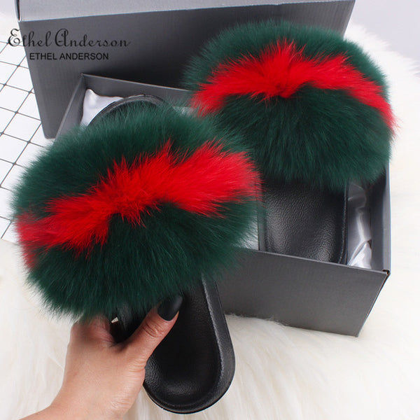 Ethel Anderson Fluffy Slippers Real FOX Fur Or Raccoon Fur Shoes