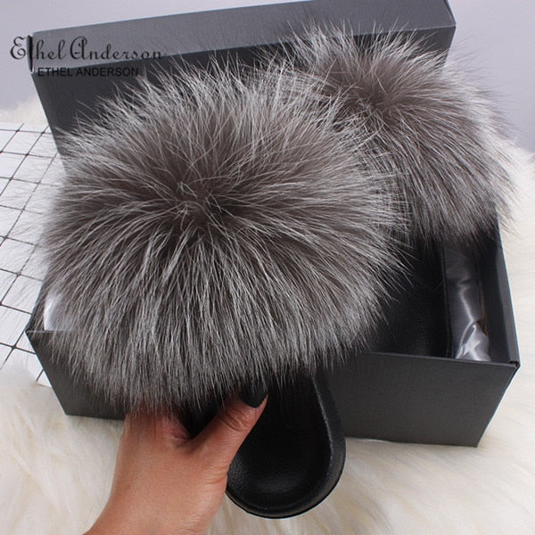 Ethel Anderson Fluffy Slippers Real FOX Fur Or Raccoon Fur Shoes