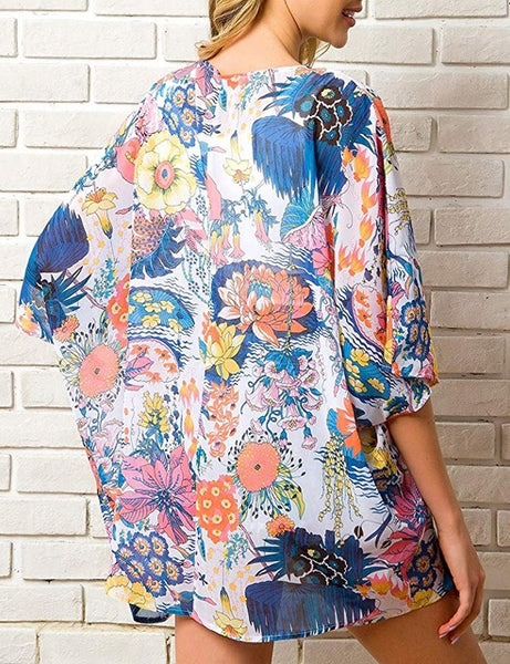 Summer Chiffon Floral Kimono Sheer  Long Boho Shirts Female Tops